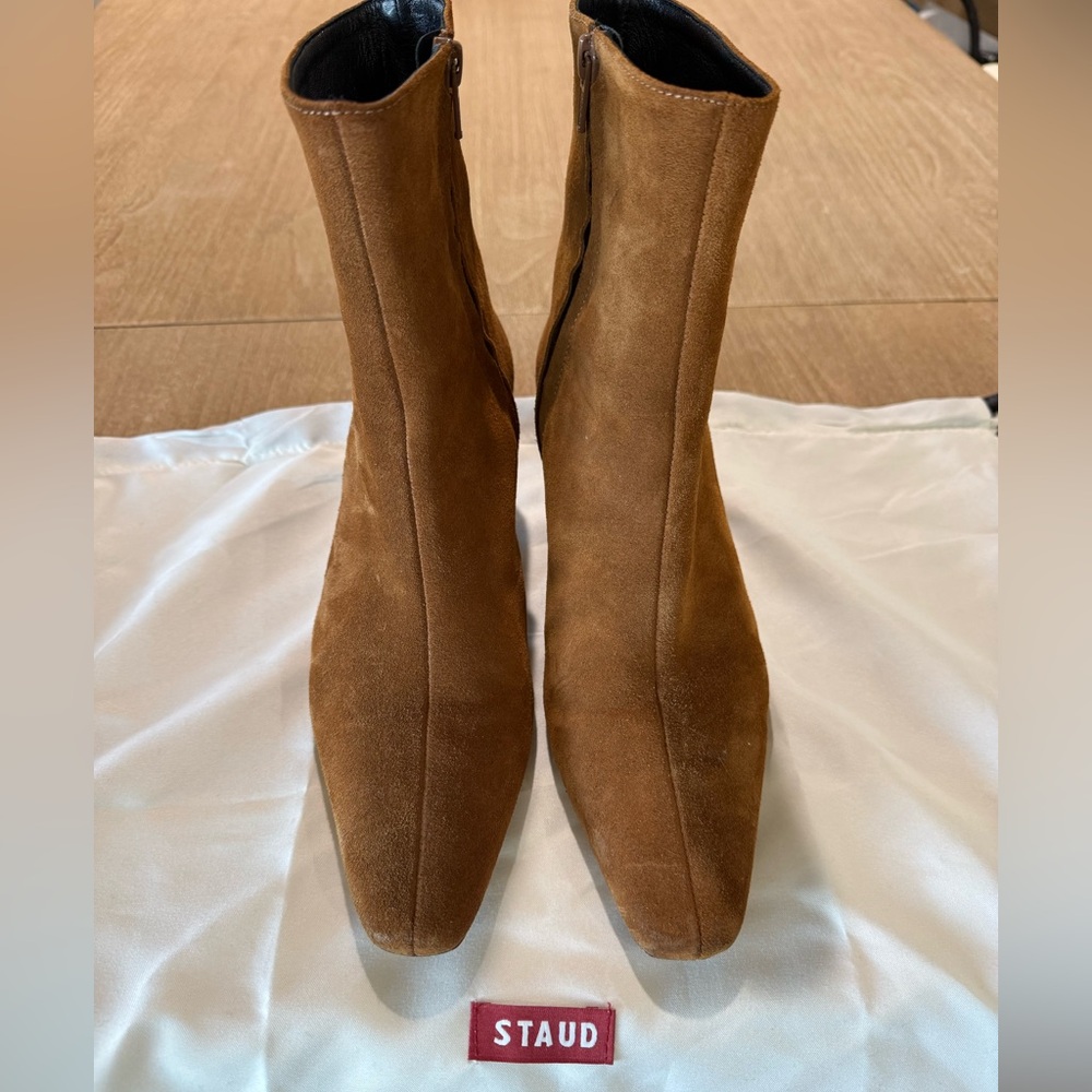 STAUD Wally Tan Tobacco Brown Suede Heeled Boots
